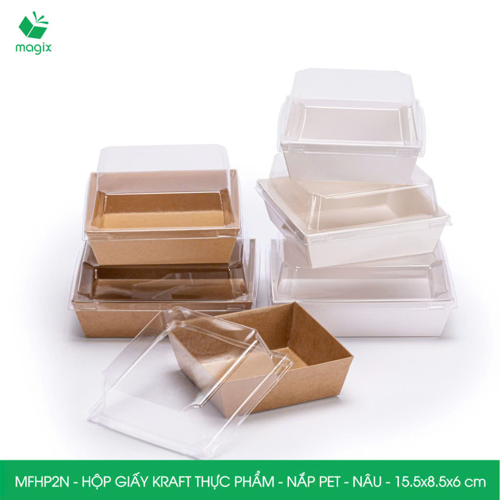 MFHP2N - 15.5x8.5x6 cm - 50 hộp giấy kraft thực phẩm màu nâu nắp Pet, hộp giấy chữ nhật đựng thức ăn, hộp bánh nắp trong