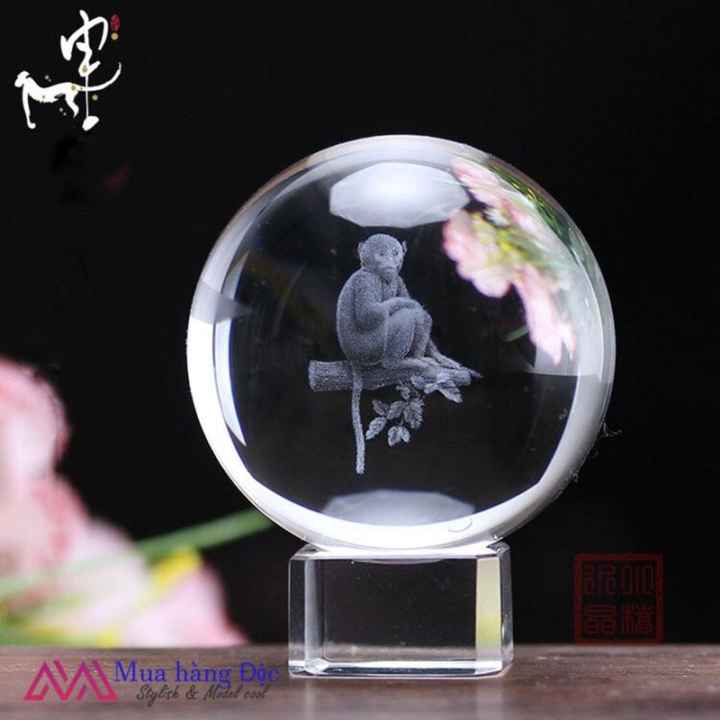 Bộ Quà Tặng Quả Cầu Pha Lê 3D larser LED 12 Con Giáp Tuổi Thân
