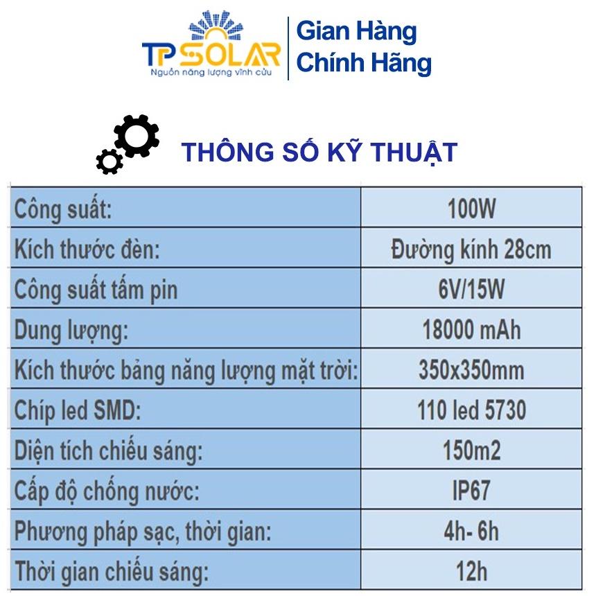 Đèn Áp Trần Năng Lượng Mặt Trời TP Solar TP-A100N Công Suất 100W Cảm Biến Sáng Tối