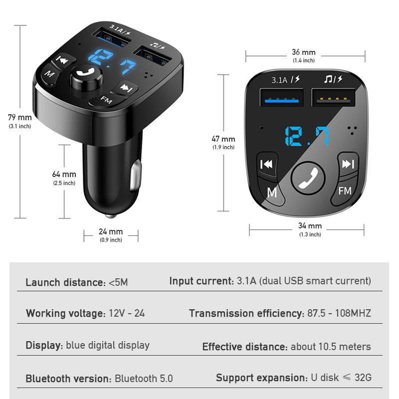 Máy nghe nhạc MP3 đài FM Bluetooth 5.0 kiêm tẩu sạc QC 3.0 cho điện thoại Android/iOS trên xe hơi