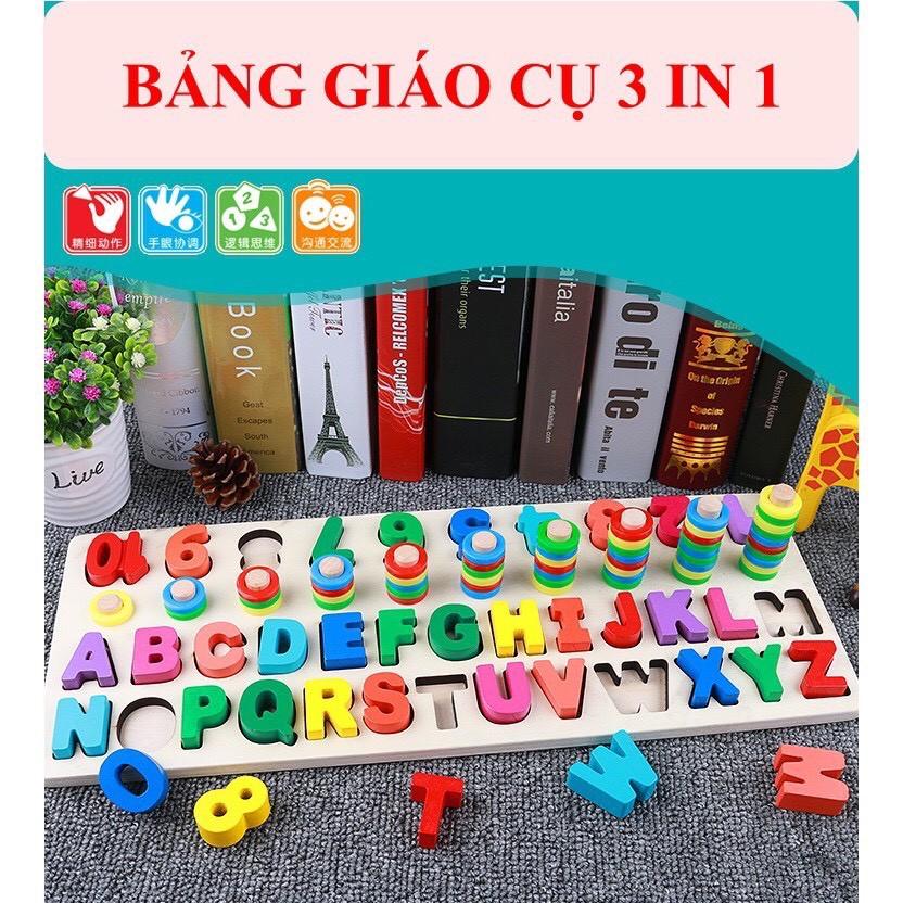 Bảng gỗ đa năng, Bảng chữ cái tiếng Anh, bảng số đếm, cột tính, phân biệt màu sắc, thả cọc luyện