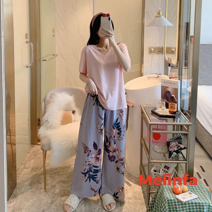 Bộ đồ ngủ nữ, bộ mặc nhà cộc tay quần dài xuông rộng mát lạnh chất vải rayon tự nhiên thoáng mát nhiều màu mã BD0262