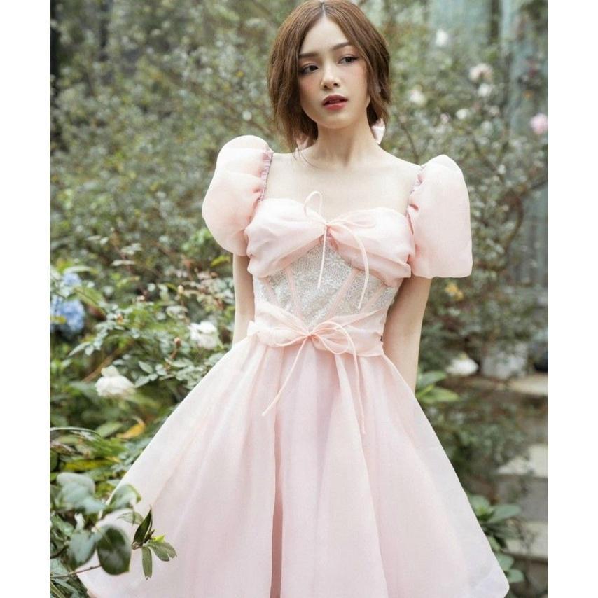 ĐẦM ĐI TIỆC TAY BỒNG PHỐI REN HOA