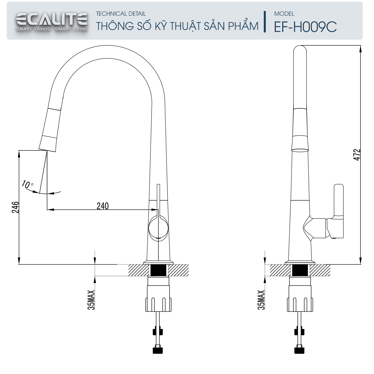 Vòi rửa chén nóng lạnh Ecalite EF-H009C - Đồng thau mạ chrome - Có dây rút - Hàng chính hãng