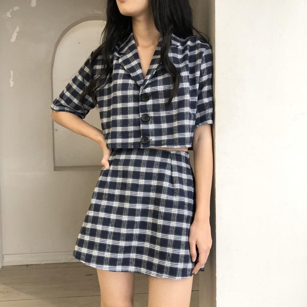 Set Vest Croptop Kẻ Sọc Caro + Chân váy Siêu Xinh MS14/GN100