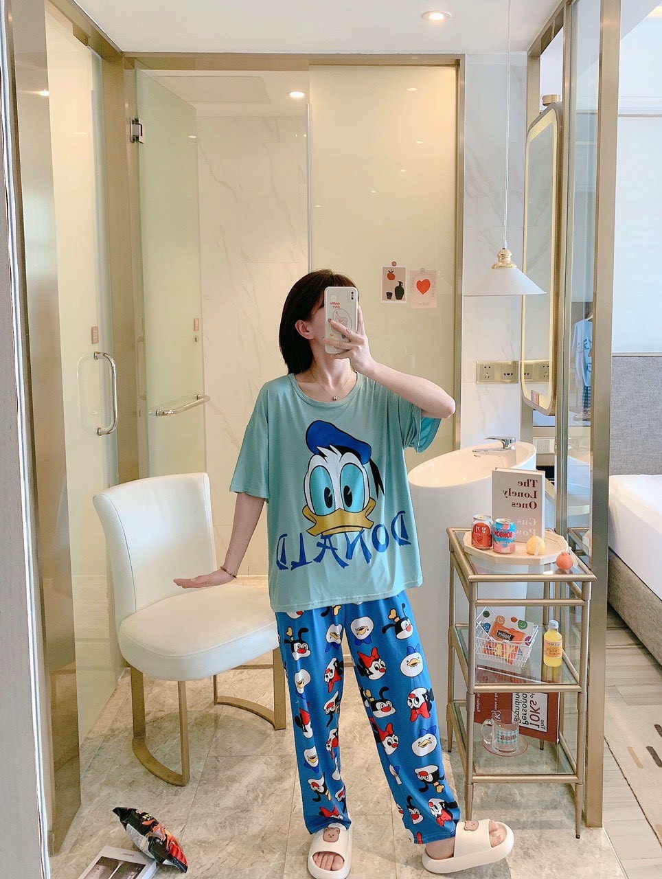 Đồ bộ thun nữ in hình hoạt hình Vịt Donald màu xanh hot trend siêu đẹp chất cotton dày dặn mềm mịn giá rẻ cực chất lượng