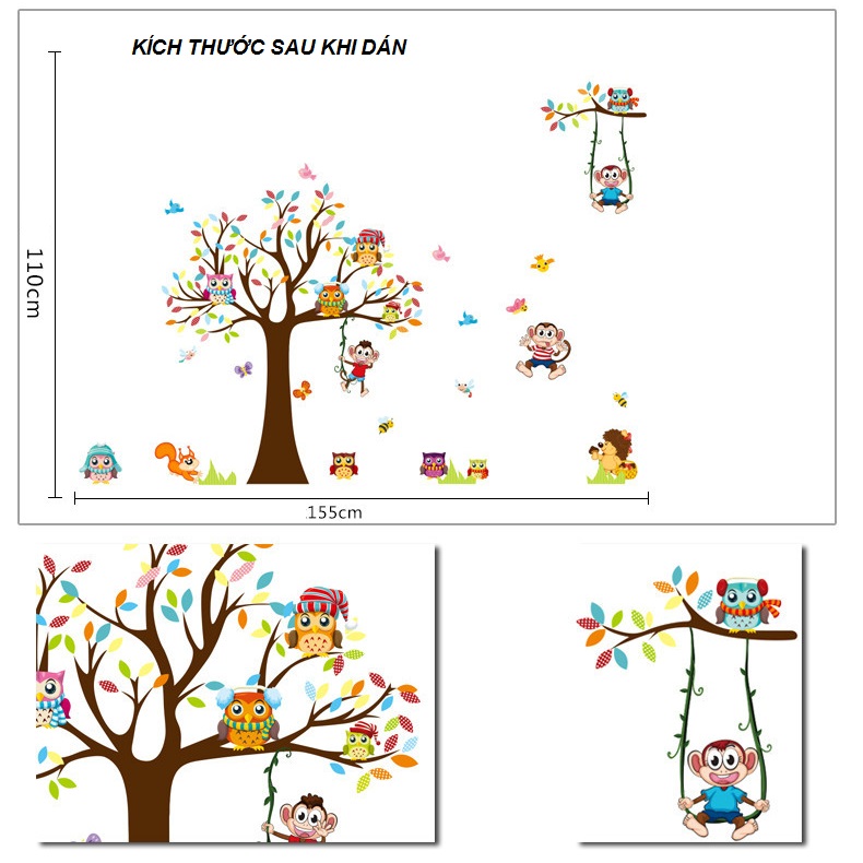 Decal dán tường tranh dán trang trí phòng bé yêu hình các con vật dễ thương, ngộ nghĩnh vừa học vừa chơi DB085