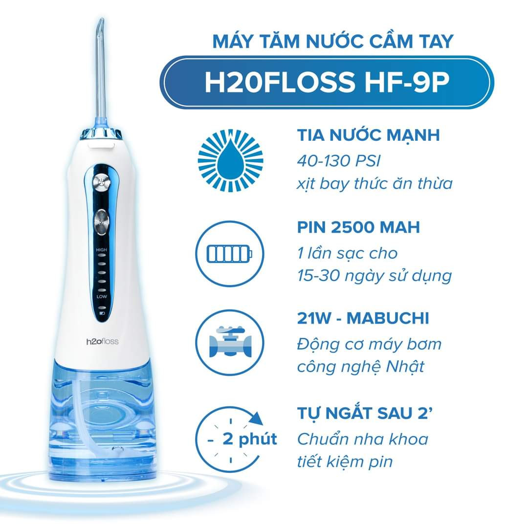 Máy Tăm Nước Cầm Tay Cao Cấp H20FLOSS HF-9P Kèm 5 Vòi Xịt Vệ Sinh Răng Miệng - Hàng Chính Hãng