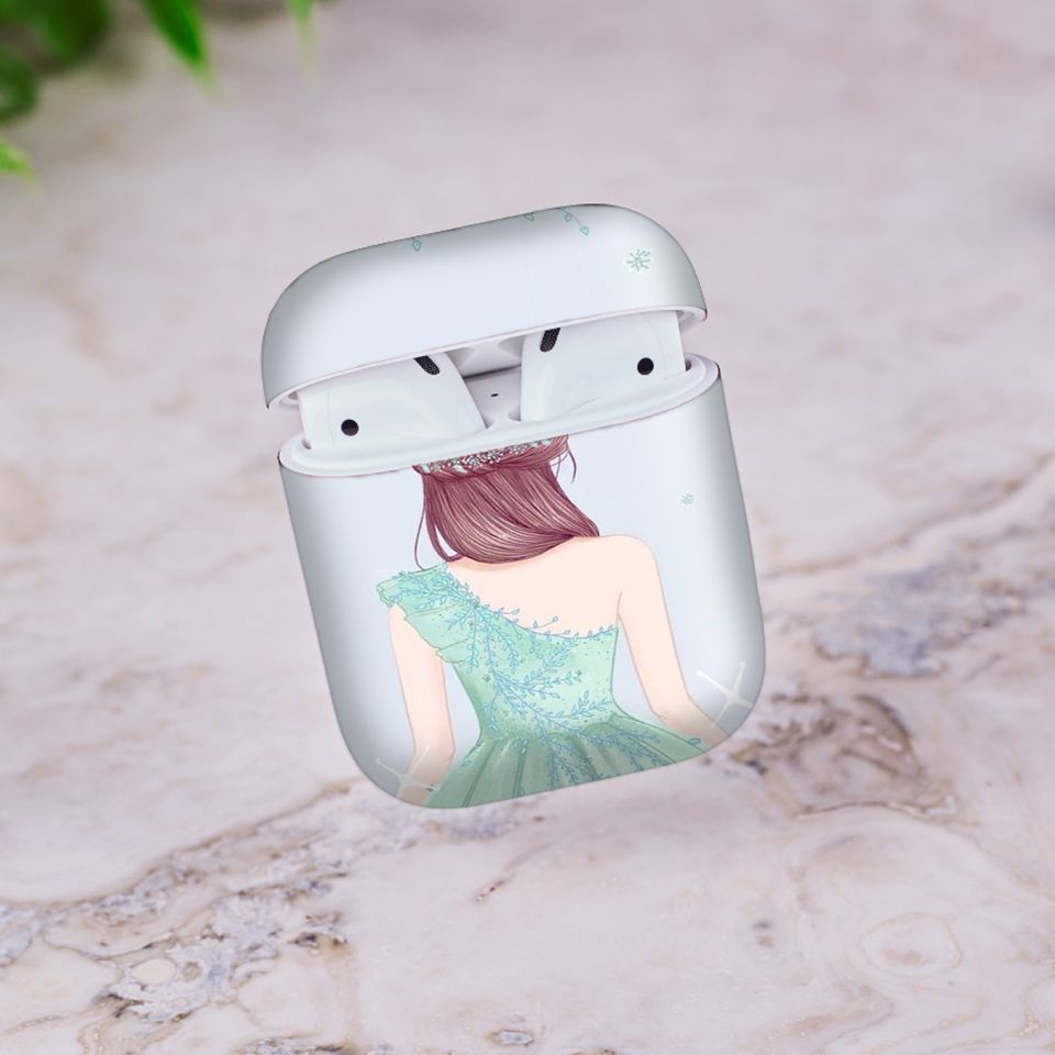 Miếng dán skin chống bẩn cho tai nghe AirPods in hình Cô gái váy xanh - Gin007 (bản không dây 1 và 2