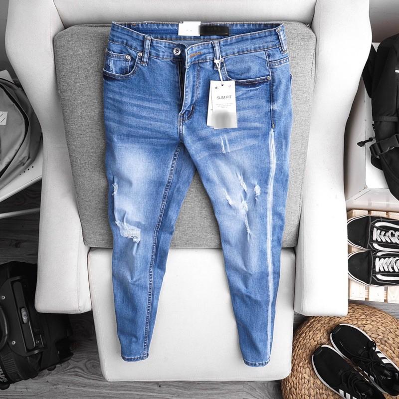 Quần Jean Nam màu xanh dáng ôm nhẹ chất bò cao cấp