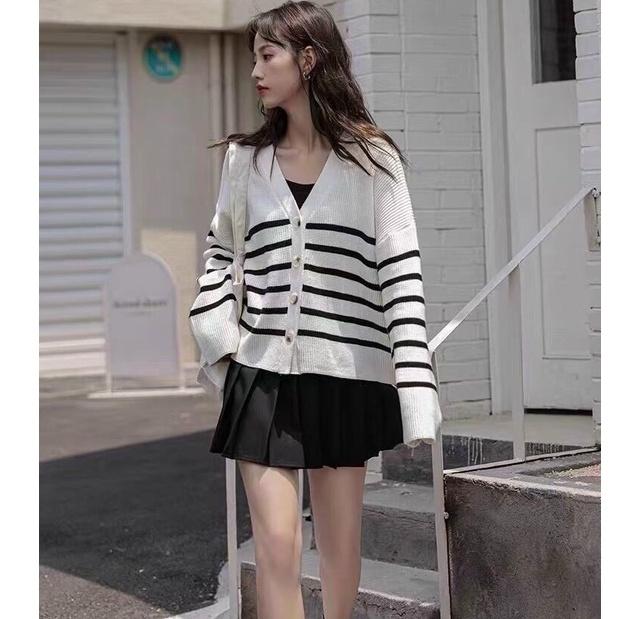 Áo cadigan len nữ dày sọc kẻ nhỏ, Cadigan viền phong cách Ulzzang Hàn Quốc
