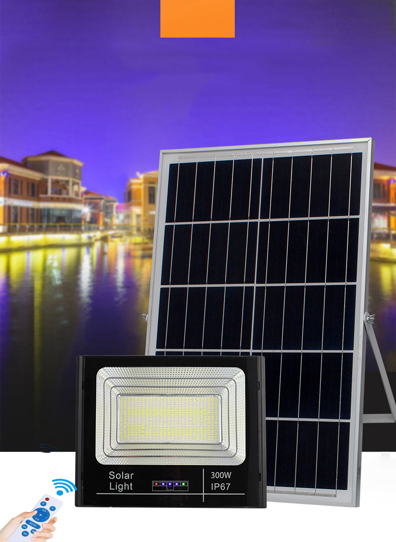 Đèn pha năng lượng mặt trời 300W – Vỏ nhôm, Tấm pin NLMT rời, Ánh sáng trắng, Báo pin ngoài- 300W pha