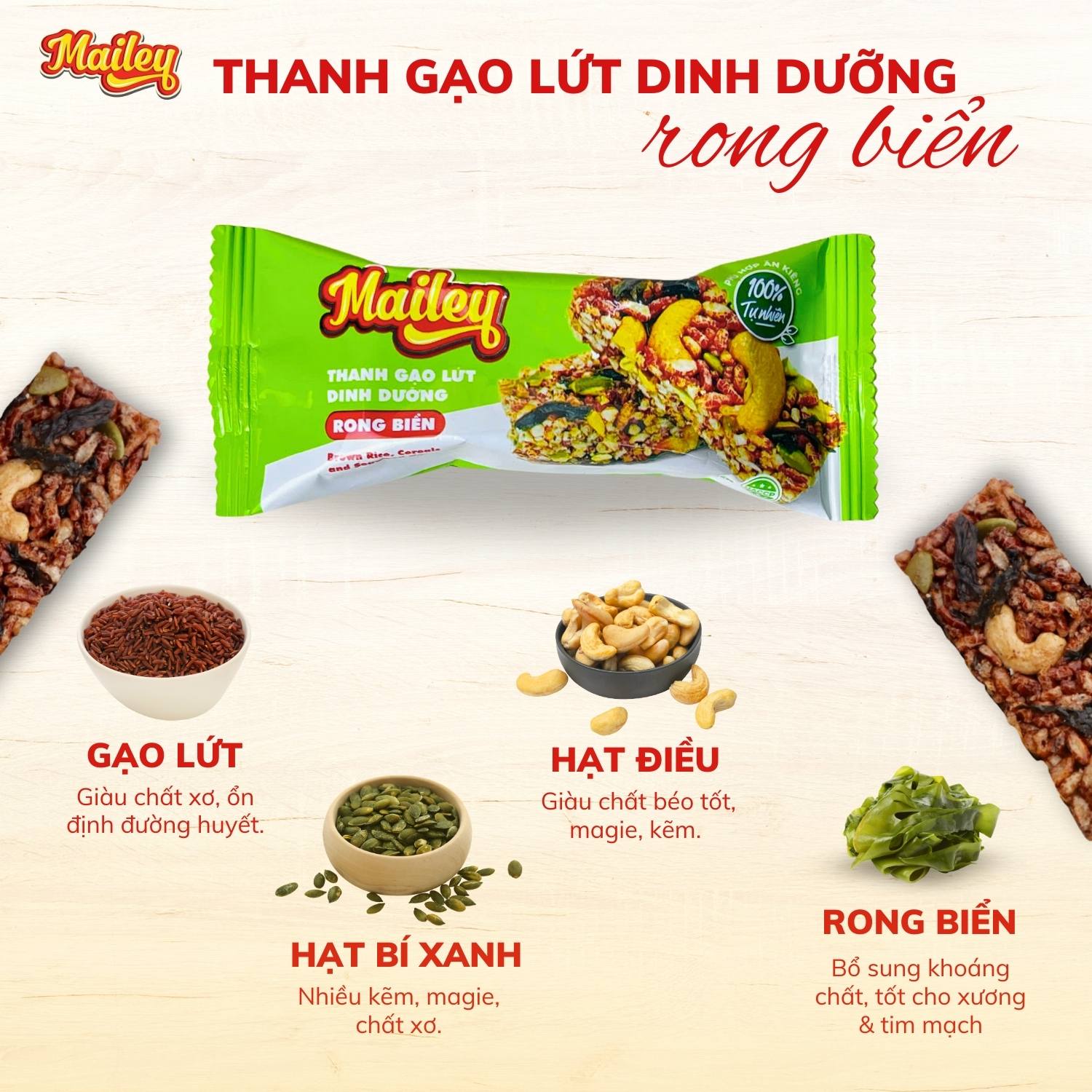 Thanh gạo lứt chà bông/rong biển mix hạt Mailey Túi 100g - Bánh gạo lứt ăn kiêng hỗ trợ giảm cân