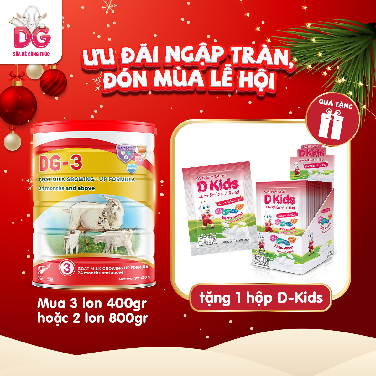 Combo 3 lon Sữa dê DG-3 400gr Tặng 1 hộp Viên sữa dê DKids