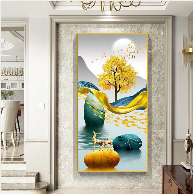 Tranh thêu chữ thập chỉ lụa Hươu tài lộc 50x89cm