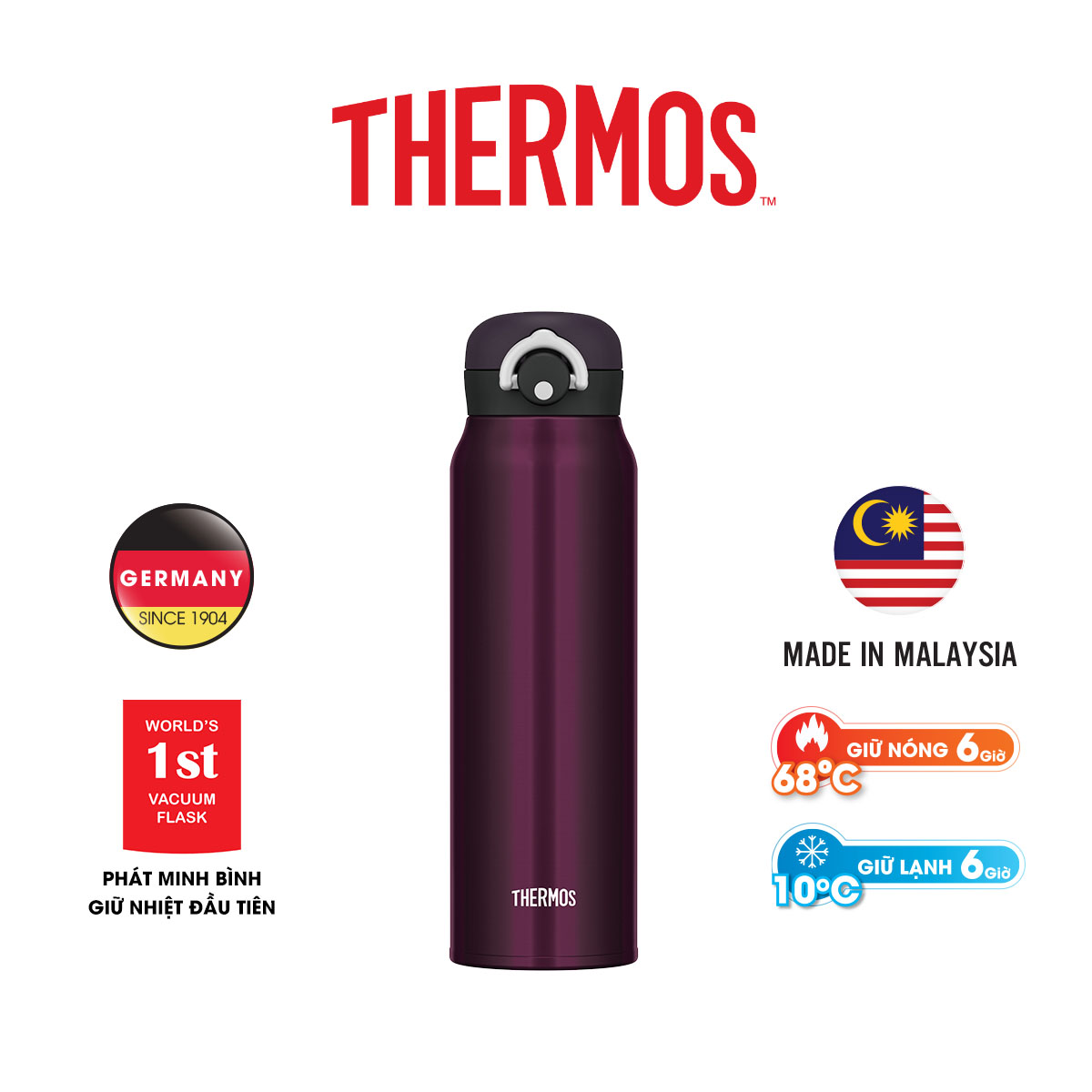 Bình giữ nhiệt Thermos nút bấm JNR-750 M-BK 750ml màu tím đen Hàng chính hãng