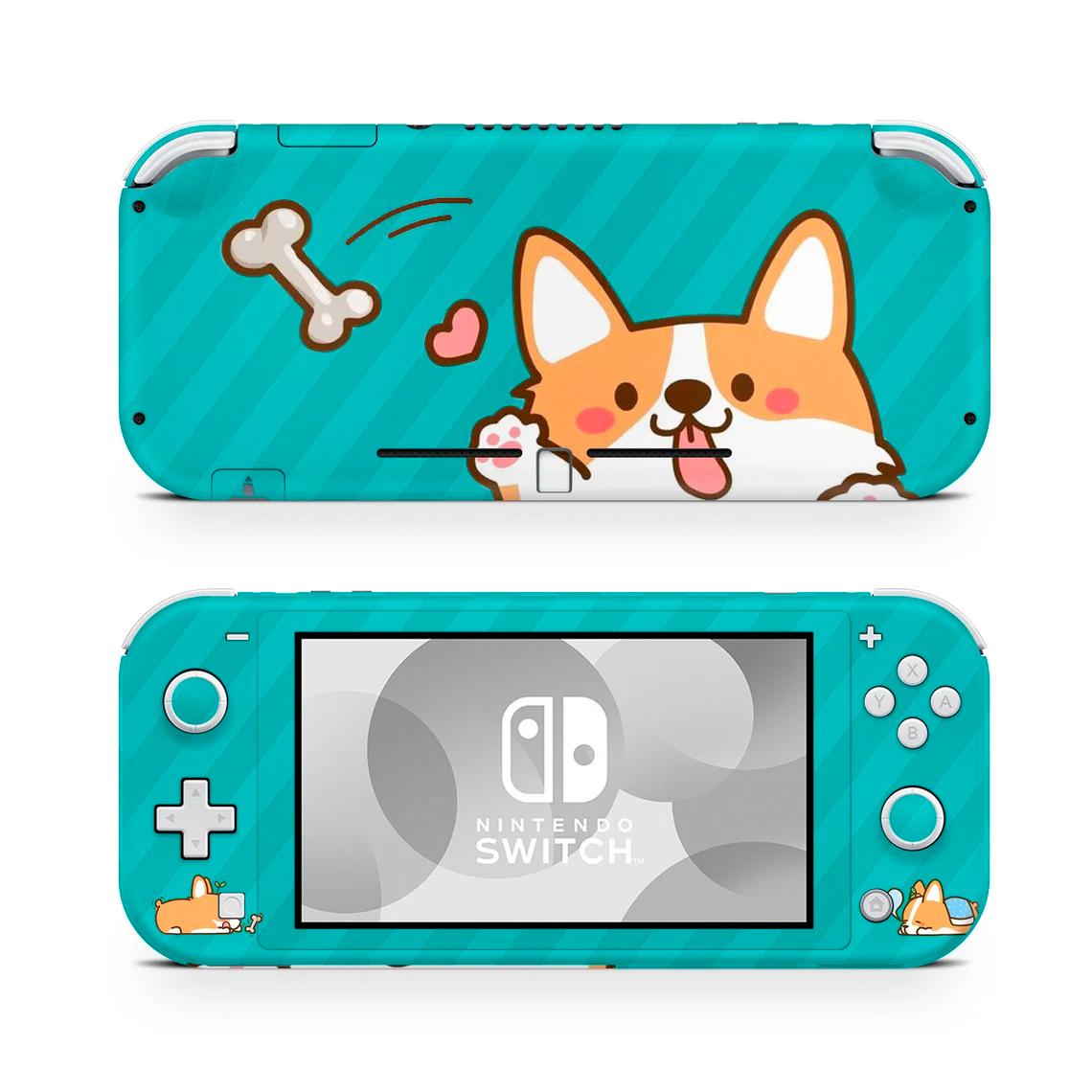 Skin decal dán Nintendo Switch Lite mẫu Corgi hello nền xanh (dễ dán, đã cắt sẵn)