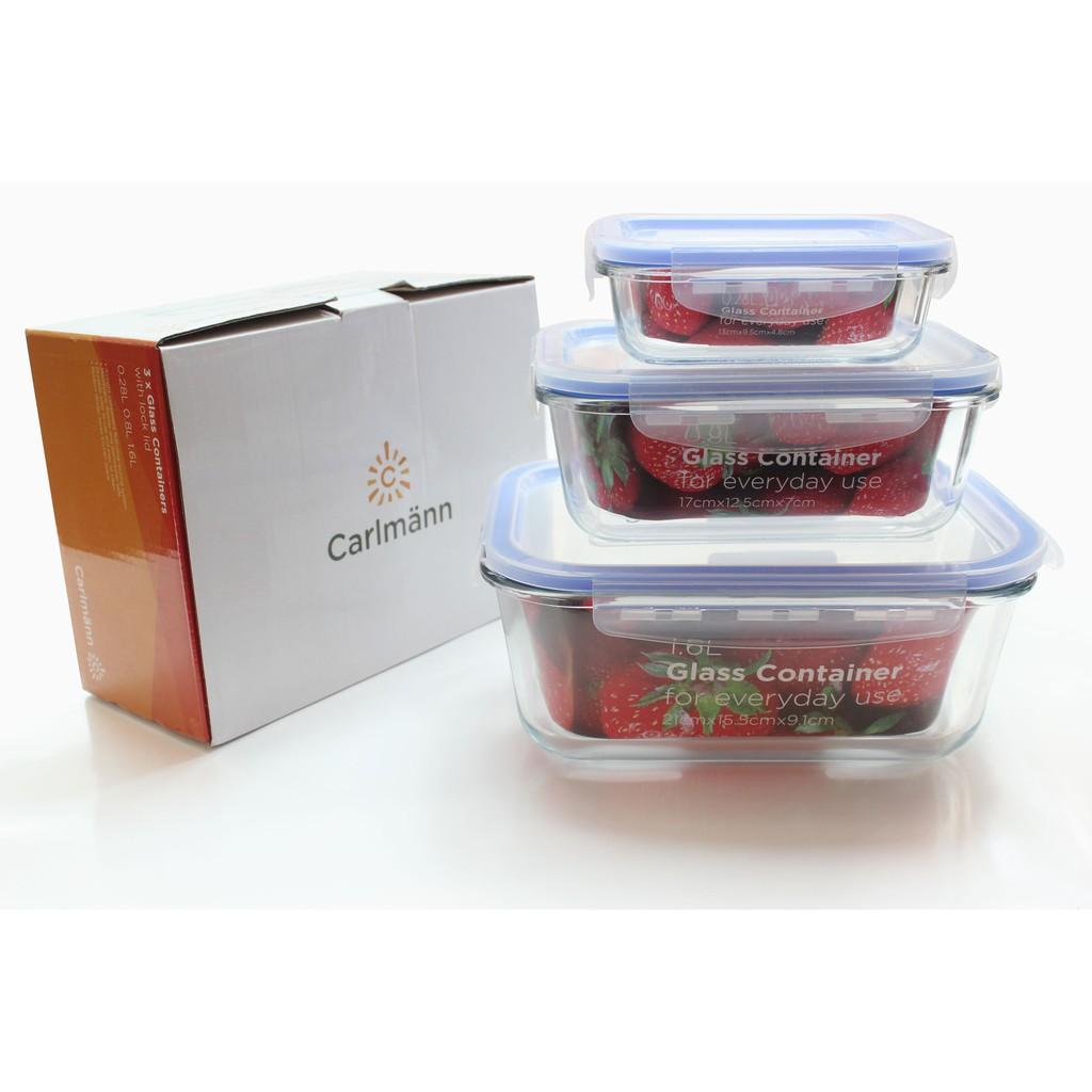 Bộ 3 thố thuỷ tinh nắp khoá chữ nhật Carlmann LRE1-2-3 (1 hộp 0.28L+ 1 hộp 0.8L+ 1 hộp 1.6L) (Trắng)