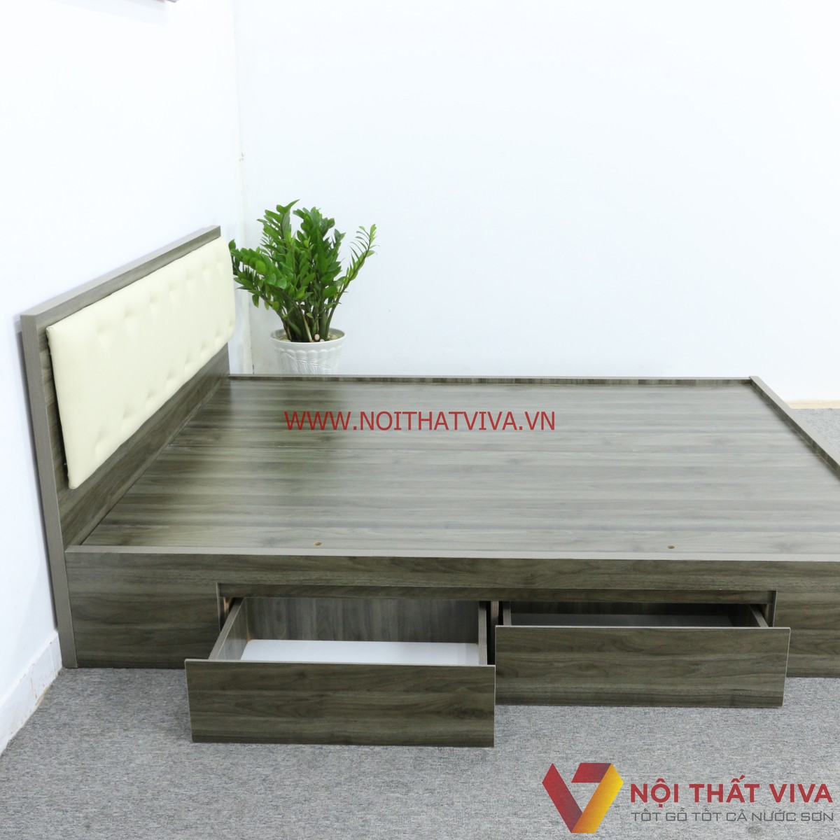 Giường Ngủ Gỗ MDF Phủ Melamine Màu Xanh Rêu Hộc Kéo Đầu Nệm Kem Cao Cấp