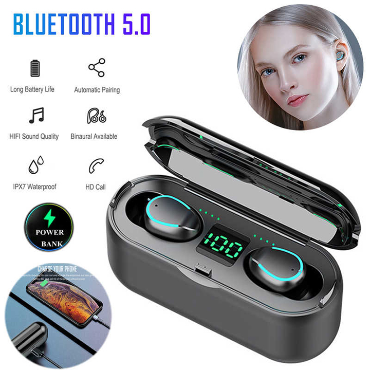 Tai nghe bluetooth TWS-F9 chống nước, chống ồn cao cấp - Kiêm sạc dự phòng