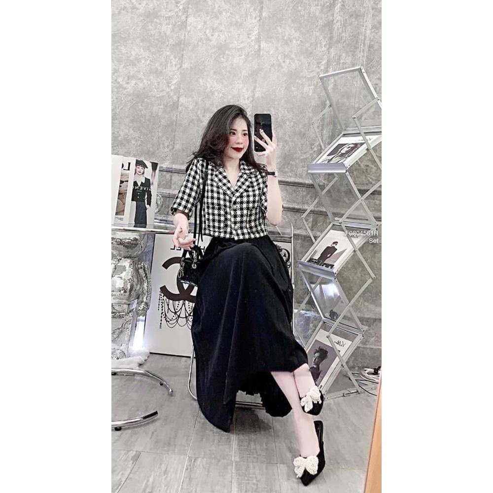 Set áo croptop caro cổ vest tay ngắn phối chân váy đen xếp ly dáng dài!