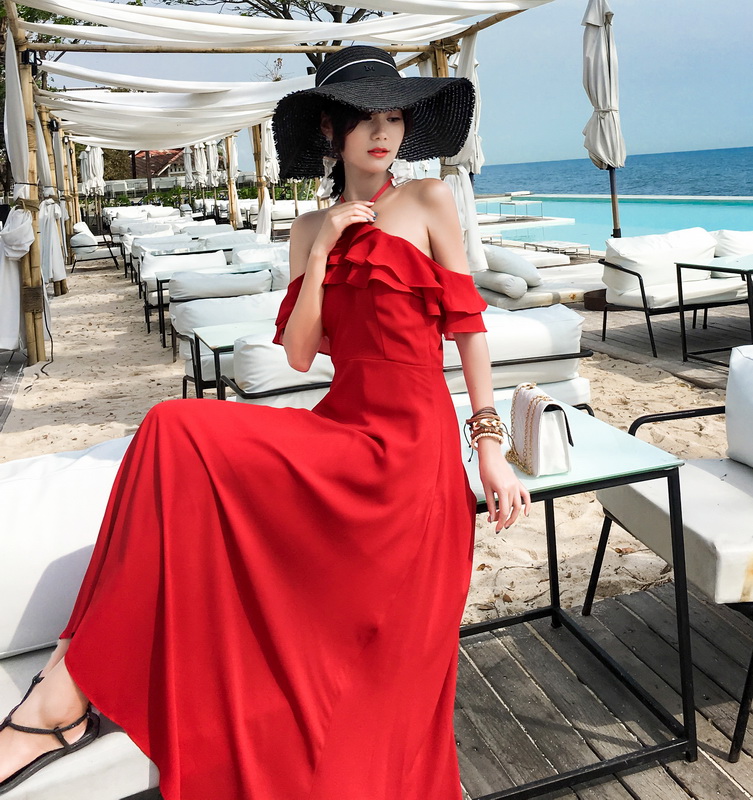 Hàng Quảng Châu - Đầm maxi voan đỏ cổ yếm tay rớt phong cách tiểu thư siêu xinh - D143290