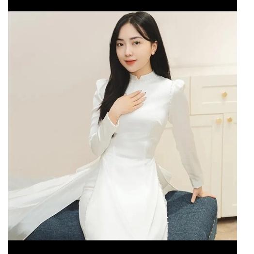 Áo dài lụa trắng cô dâu, học sinh 2 tà tay bồng đính ngoc trai cao cấp (tặng bờm trai)