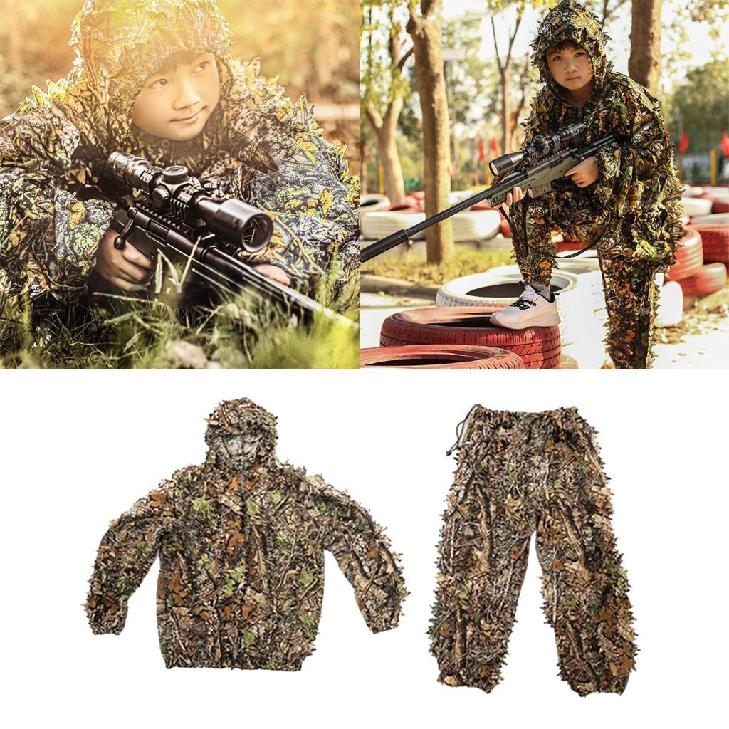 2x Breathable Leafy Camo Hooded Stretchy Ghillie Suits Clothes Jacket Pants Lightweight for Child Unisex Outdoor Hunting Shooting Wildlife Photography