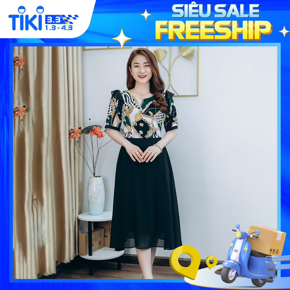 Đầm xòe thiết kế trung niên sang trọng cao cấp Cổ tròn tay bèo màu Đen họa tiết TTV STORE TTV1271