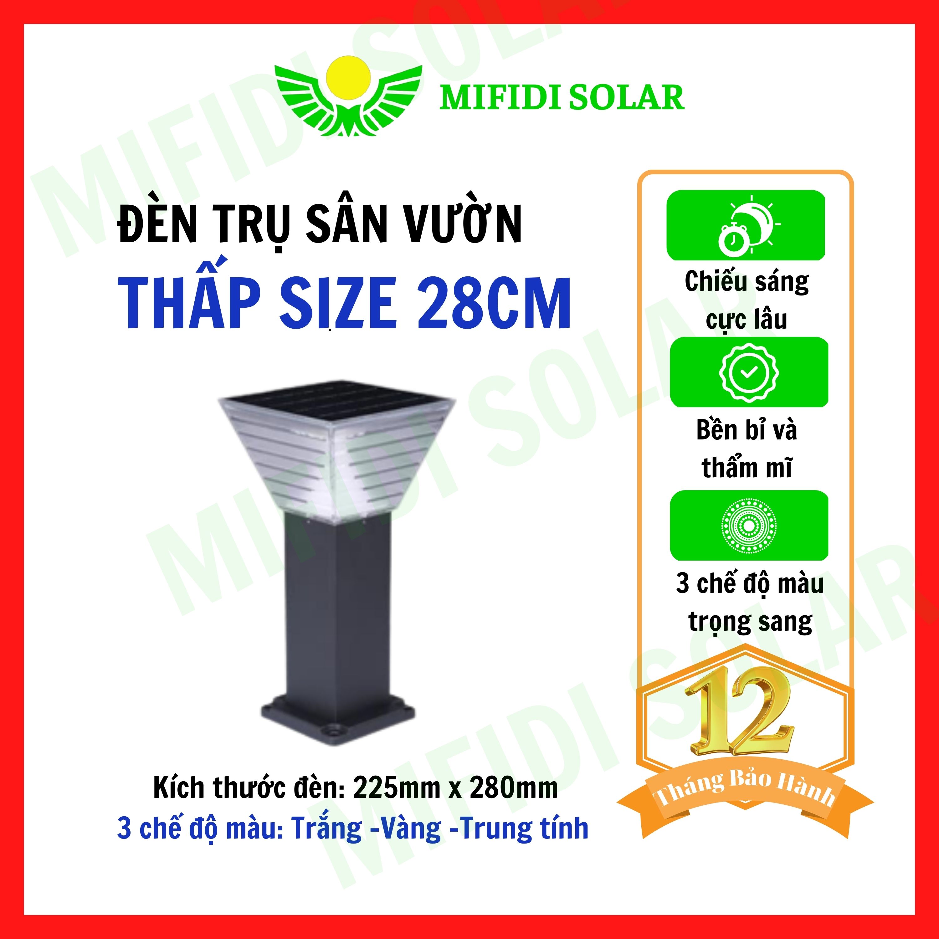 Đèn Năng Lượng Mặt Trời MIFIDI | Đèn Trụ Sân Vườn size 28 mẫu vuông TC28DV