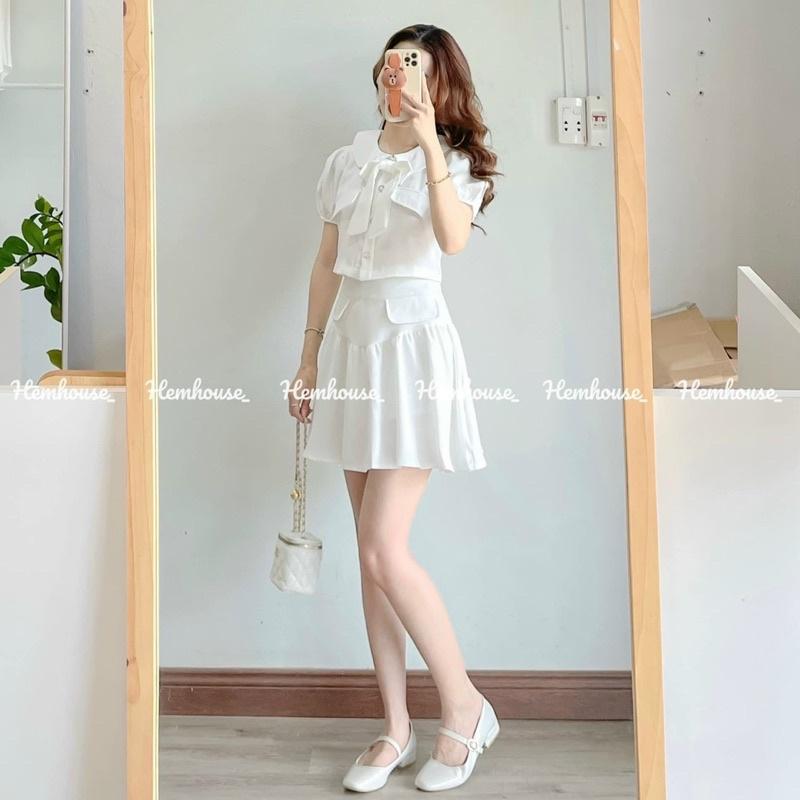 Set áo croptop trắng cổ sen đính nơ phối chân váy xếp ly