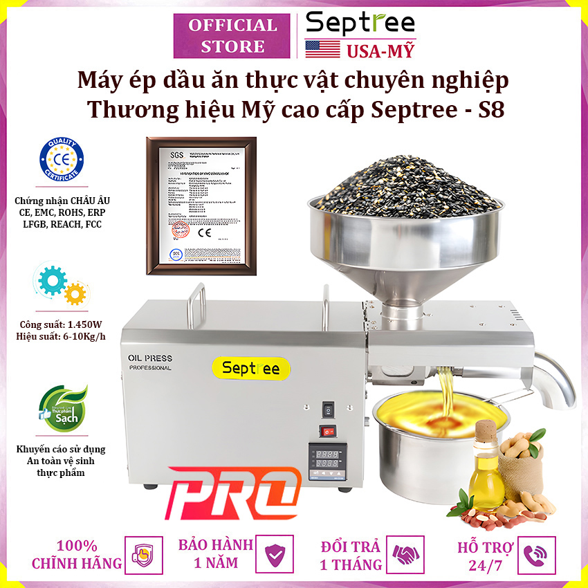 Máy ép dầu ăn thực vật chuyên nghiệp Nóng và Lạnh thương hiệu Mỹ Septree S8 - Công suất 1450W - Hàng nhập khẩu