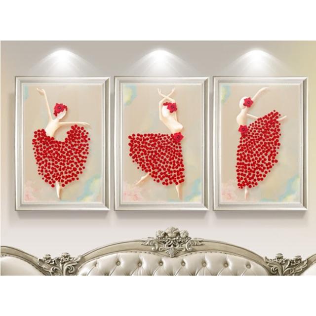 Tranh canvas decor 3 cô gái váy hoa hồng đỏ múa bale kt:30x40cmx3b