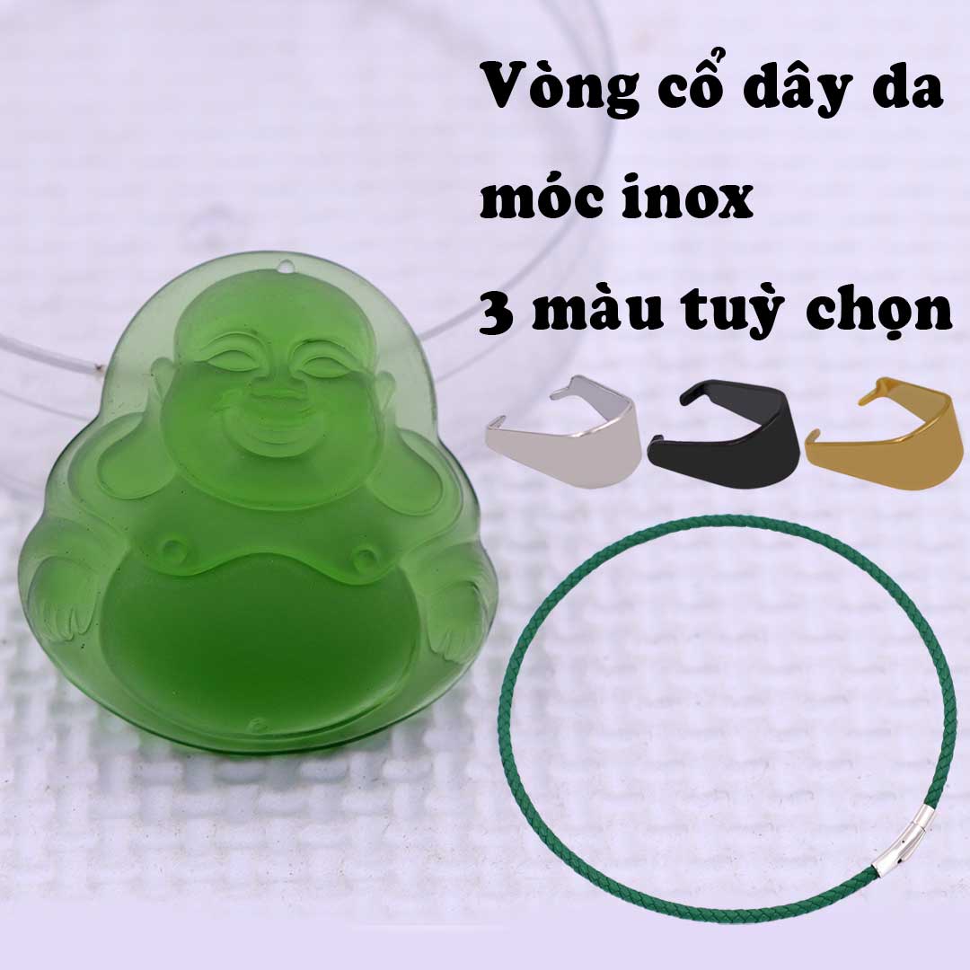 Mặt Phật Di lặc pha lê xanh lá 4.5 cm kèm vòng cổ dây da xanh lá + móc inox trắng, mặt dây chuyền Phật cười