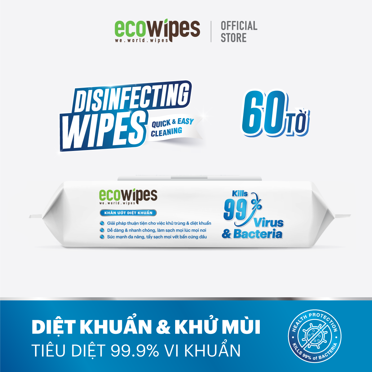 Khăn giấy ướt diệt khuẩn Ecowipes gói 60 tờ Disinfecting Wipes diệt 99,9% vi khuẩn hương chanh dịu nhẹ không kích ứng da