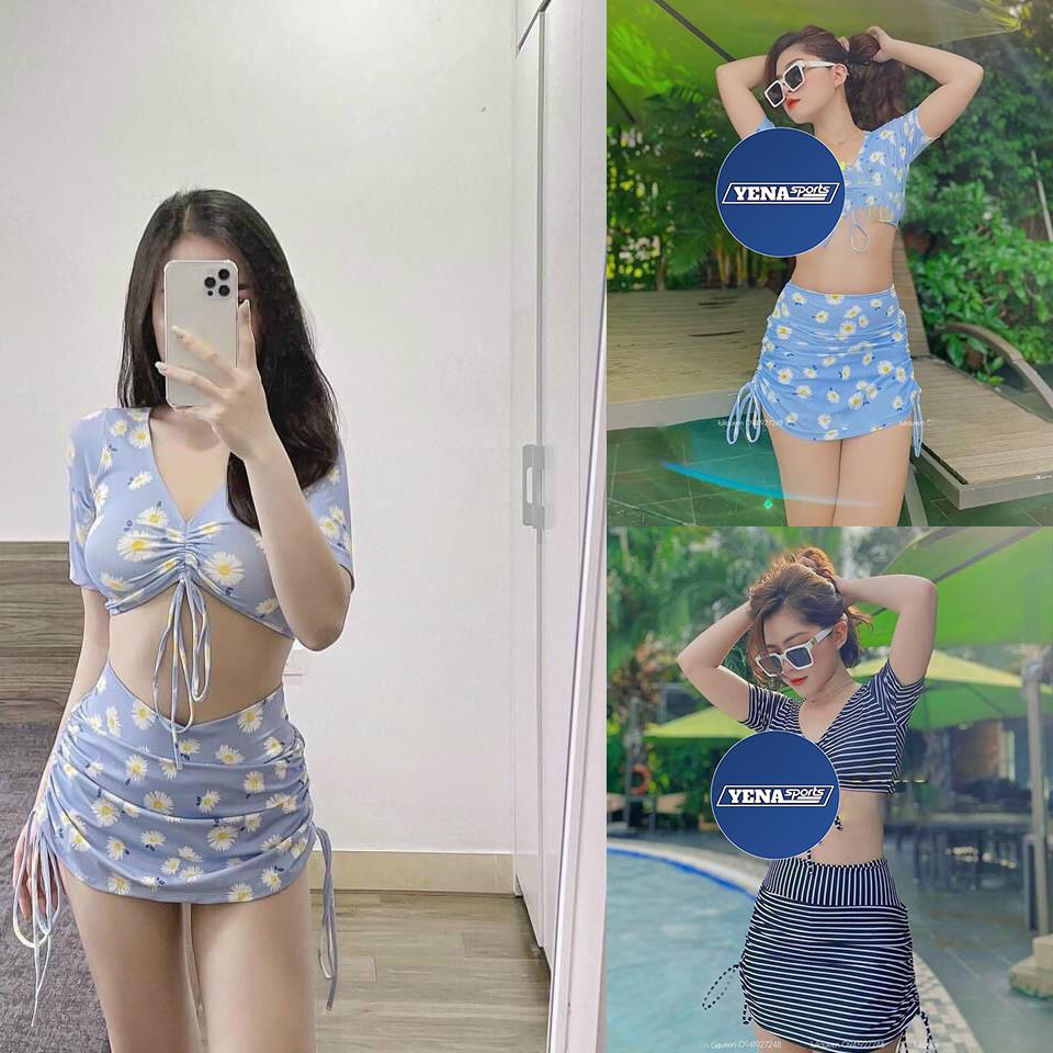 Đồ bơi nữ bikini 2 mảnh kín đáo tay ngắn áo croptop phối quần chân váy cạp cao dây rút tôn dáng đi biển QP015