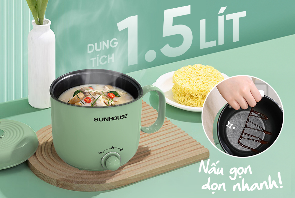 Ca lẩu điện 1.5L Sunhouse SHD4515G - 800W, 4 chức năng, phù hợp cho 1-2 người - Lòng nồi inox, chống dính Flead an toàn - Hàng chính hãng