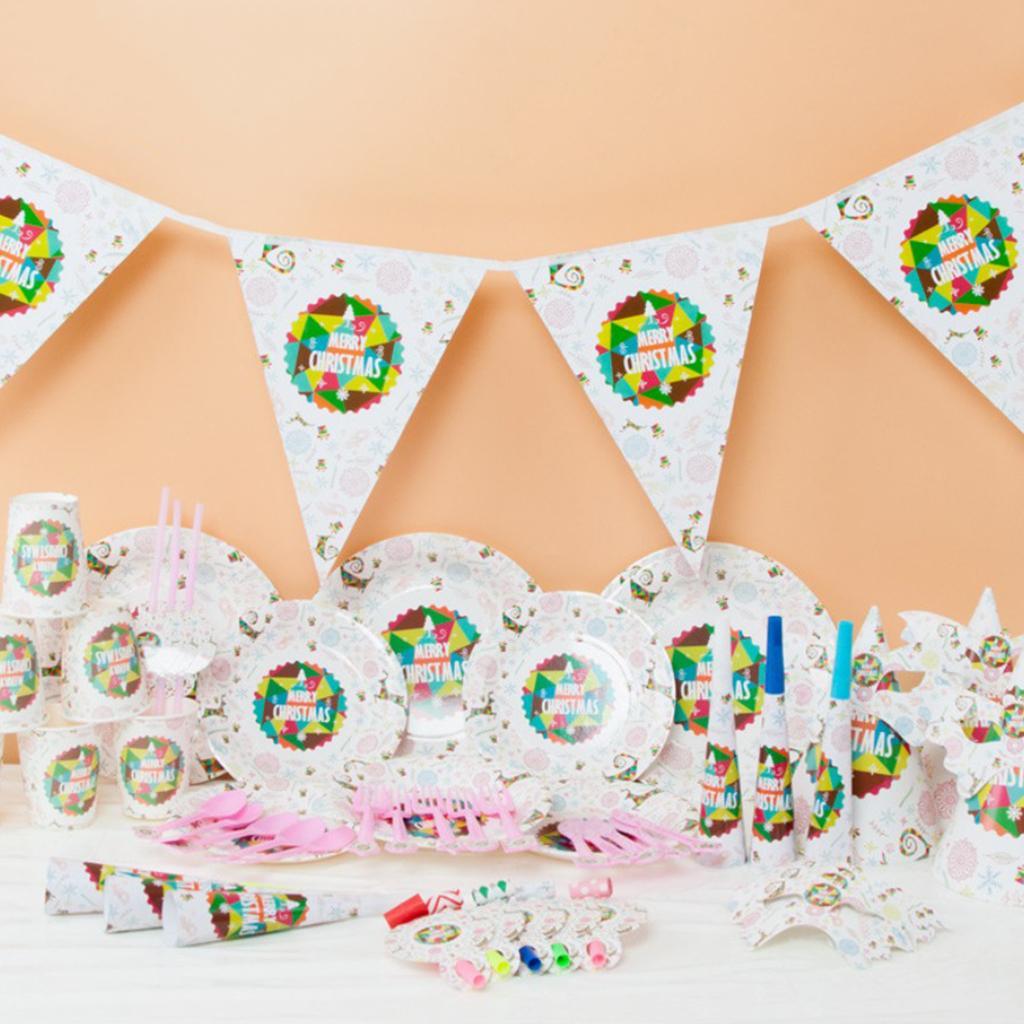 11 Set Merry Christmas Banner Plates Cups Tableware Sets for Christmas Party