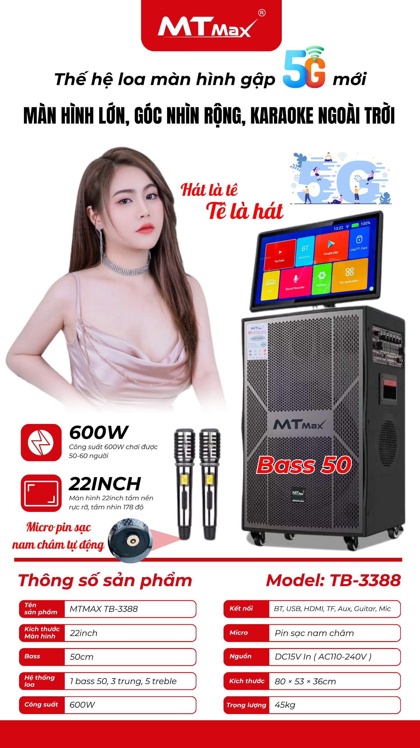 Loa Màn Hình MTMAX TB3388 Bass50 Mới Nhất Đã Có Mặt Tại Việt Nam Màn Hình 22inch Góc Nhìn 178 Độ Công suất 600W Hệ Thống 9 Loa, 3 Đường Tiếng Đi Kèm Cặp Micro Kim Loại Sang Trọng Chống Hú Cao Cấp.HÀNG CHÍNH HÃNG