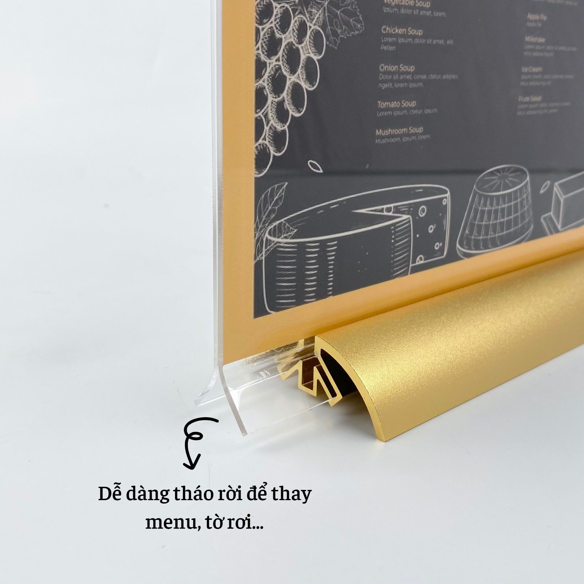 Kệ menu nhà hàng, Standee mica để bàn, Bảng quét mã QR Code, Kệ mica 2 mặt Enter E38 150x210mm đế nhôm cao cấp A5