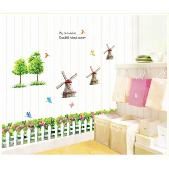 Decal trang trí tường cối xay gió và cây xanh
