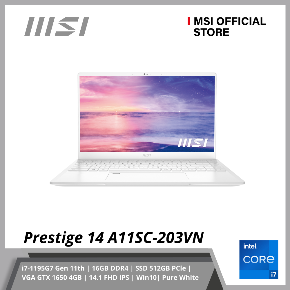 Laptop MSI Prestige 14 A11SC-203VN (i7-1195G7 Gen 11th | 16GB DDR4 | SSD 512GB PCle | VGA GTX 1650 4GB | 14.1 FHD IPS | Win10| Pure White) - Hàng Chính Hãng