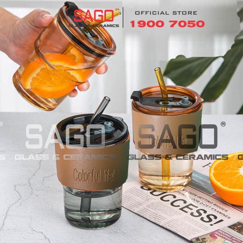 Ly Thủy Tinh Hai Tầng INS Water Cup 400ml Có Nắp | Tùy Chọn Có Bao Da và Óng Hút Thủy Tinh