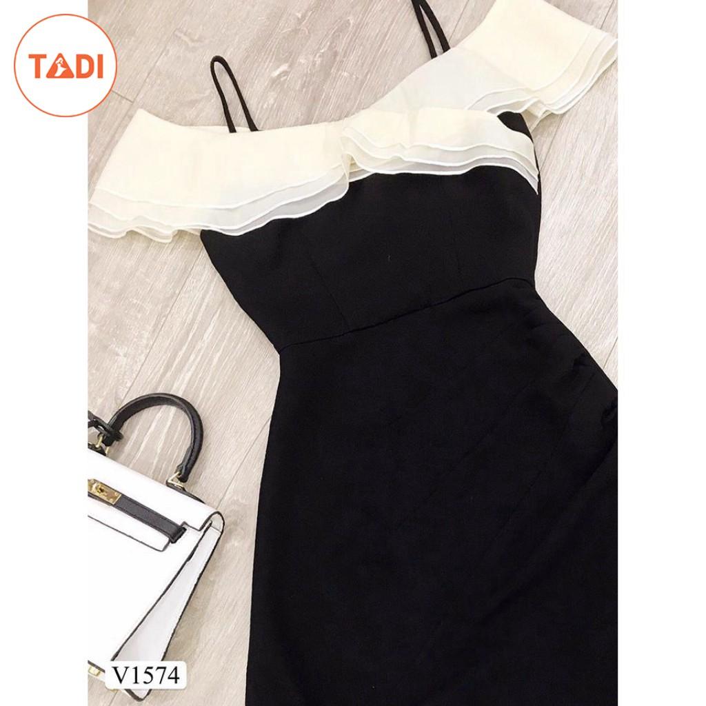 Đầm dự tiệc 2 dây trễ vai màu đen V1574