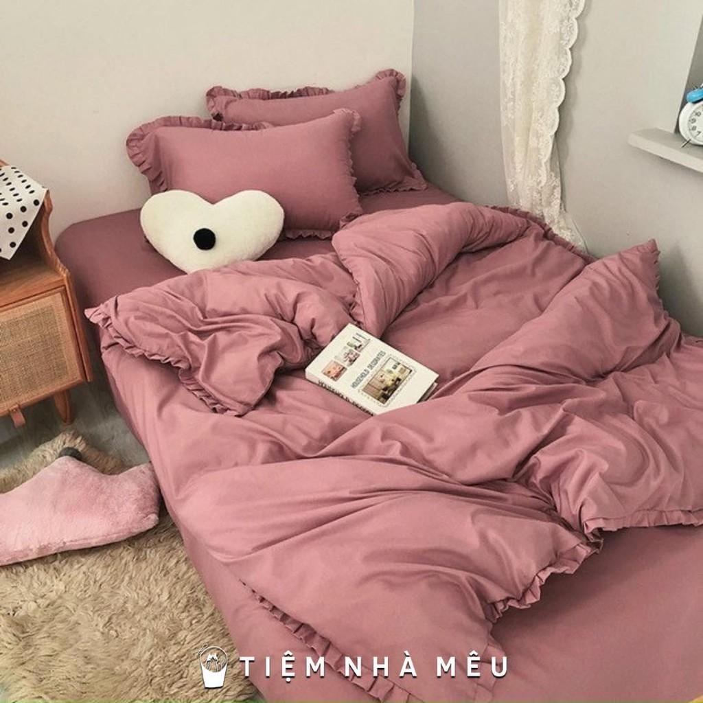Bộ Chăn Ga Gốim6/m8/2m -Tiệm Nhà MêuSet 4 Món 2 Vỏ gối ,drap , vỏ chăn Cotton TC Viền Bèo Trơn Dễ Thương Cao Cấp