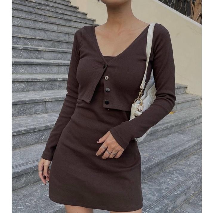 Set đầm body hai dây kèm áo khoác