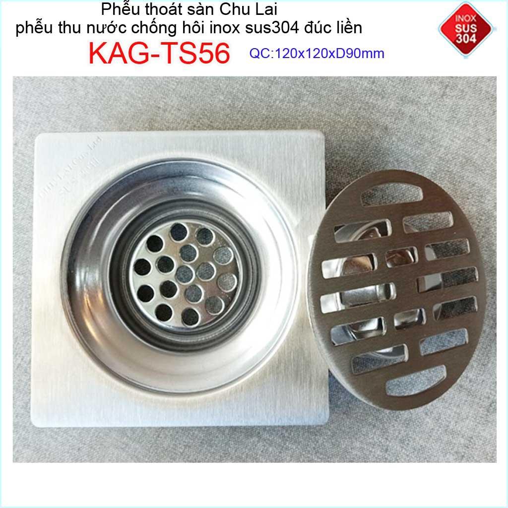 Phễu thoát sàn Chu Lai 12x12cm KAG-TS56-D90, hố ga Thoát sàn ống 9cm SUS304 inox đúc dày thoát nhanh chặn tóc tốt