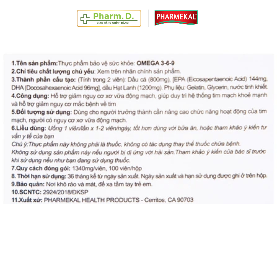 Viên Uống Dầu Cá Bổ Sung Omega 369 PHARMEKAL Giúp Bỗ Não, Mắt, Tốt Cho Tim Mạch, Tăng Sức Đề Kháng Cho Cơ Thể (100 Viên)