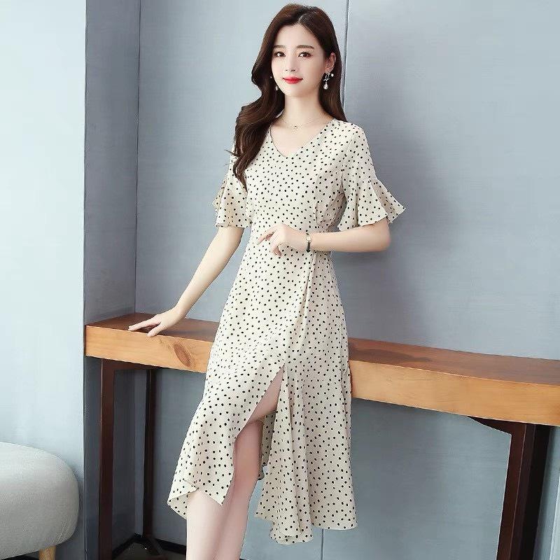 (HCM) Váy xoè dự tiệc chấm bi kèm nơ cột siêu xinh , dài qua gối , tôn dáng tiểu thư hàn quốc siêu xinh