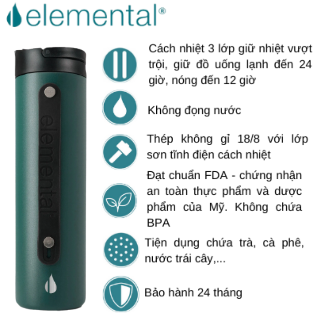 [Hàng chính hãng – Thương hiệu Mỹ] Bình giữ nhiệt Elemental Iconic sport màu xanh lá 590ml, giữ nhiệt vượt trội, inox 304, FDA Hoa Kì, An toàn sức khỏe, có ống hút